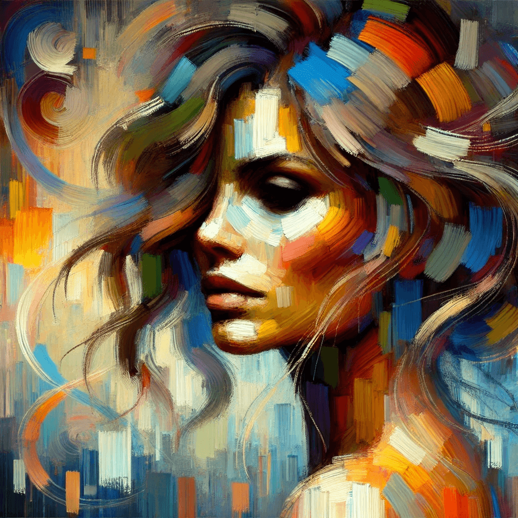 Abstract painting of a woman's profile with vibrant brushstrokes, blending warm and cool colors.