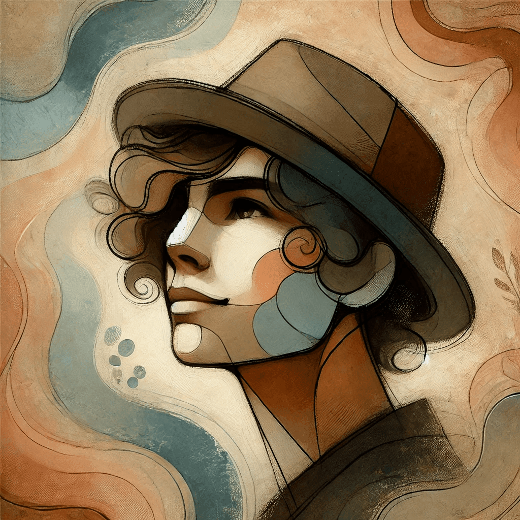 Artistic illustration of a person wearing a hat, surrounded by abstract swirling patterns in earthy tones.