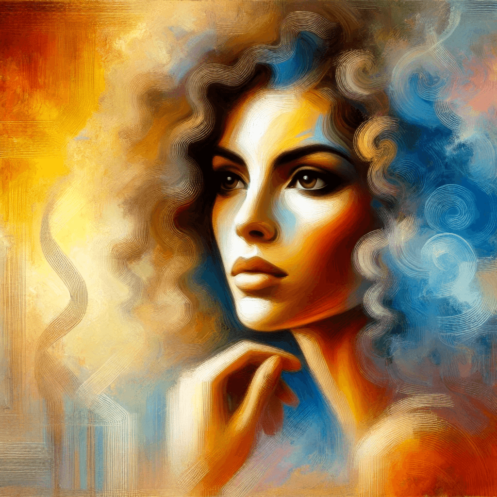 Abstract painting of a woman with curly hair, featuring vibrant blue, orange, and yellow hues.