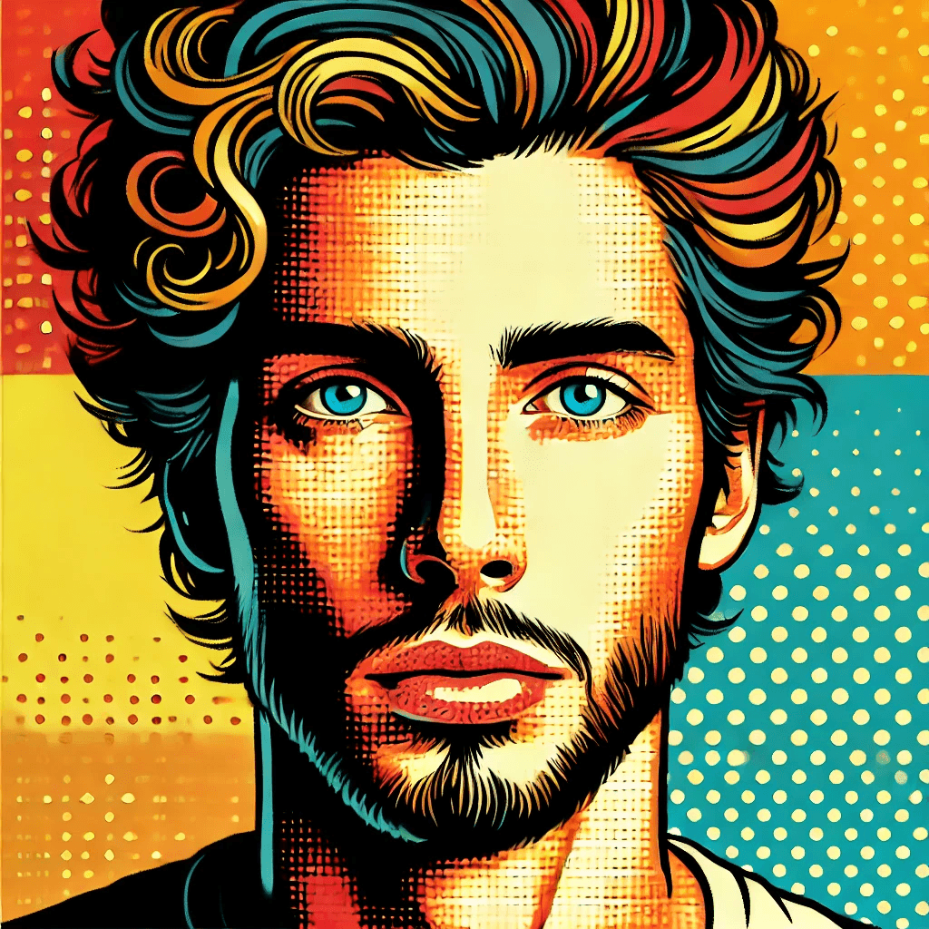 Colorful pop art-style illustration with vibrant swirls and dots in the background.