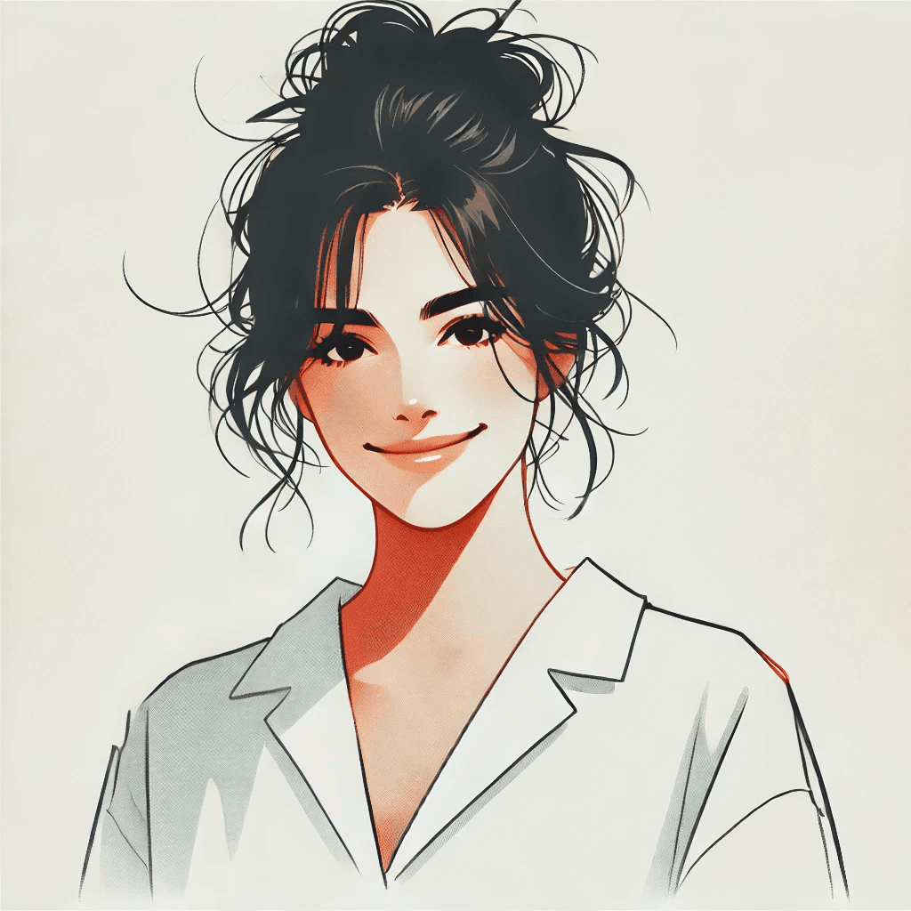 Illustration of a person with messy black hair wearing a white collared shirt.